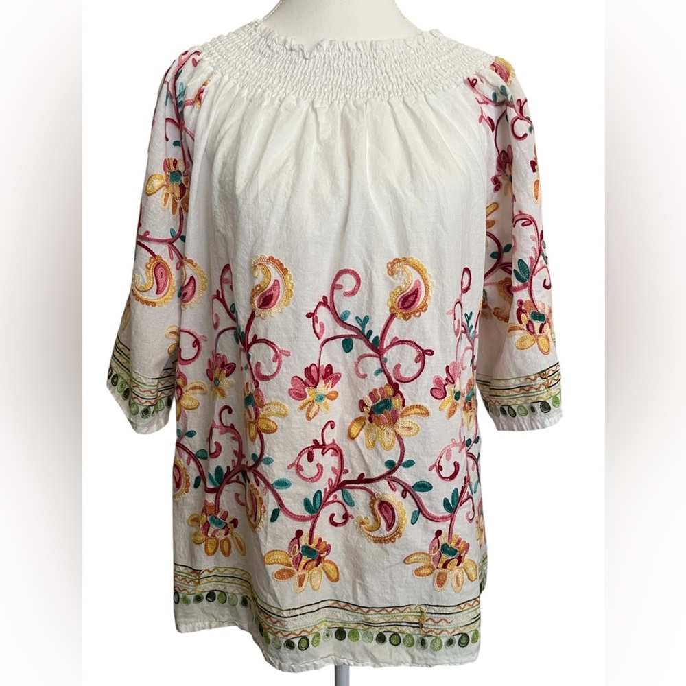 South Main Embroidered Floral Women's Top XL White Multicolor